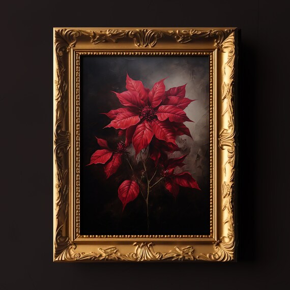 Moody Red Poinsetta Gothic Christmas Wall Art Floral Holiday Dark Academia Prints Dark Flower Painting