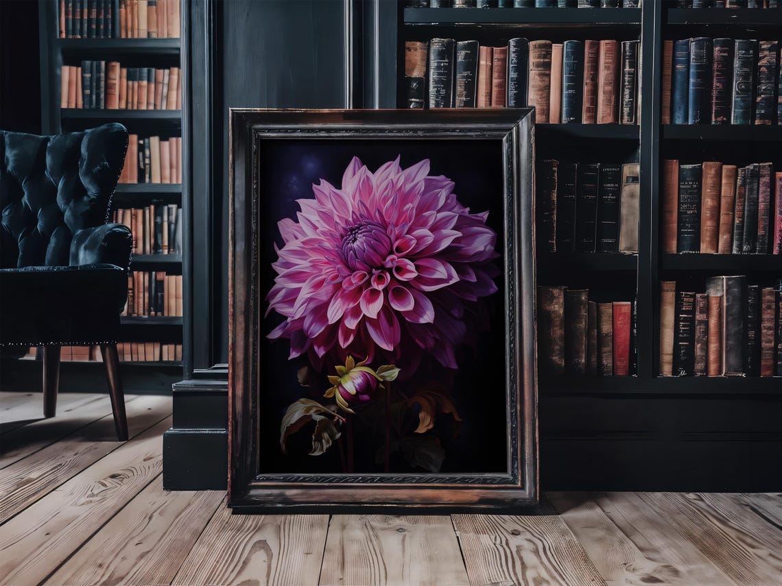 Purple Dahlia Flower Close Up Dark Moody Botanical Study Print - Image 3
