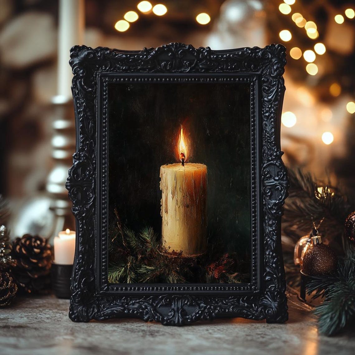 Glowing Candle In Darkness Vintage Still Life Warm Light Print - Image 3