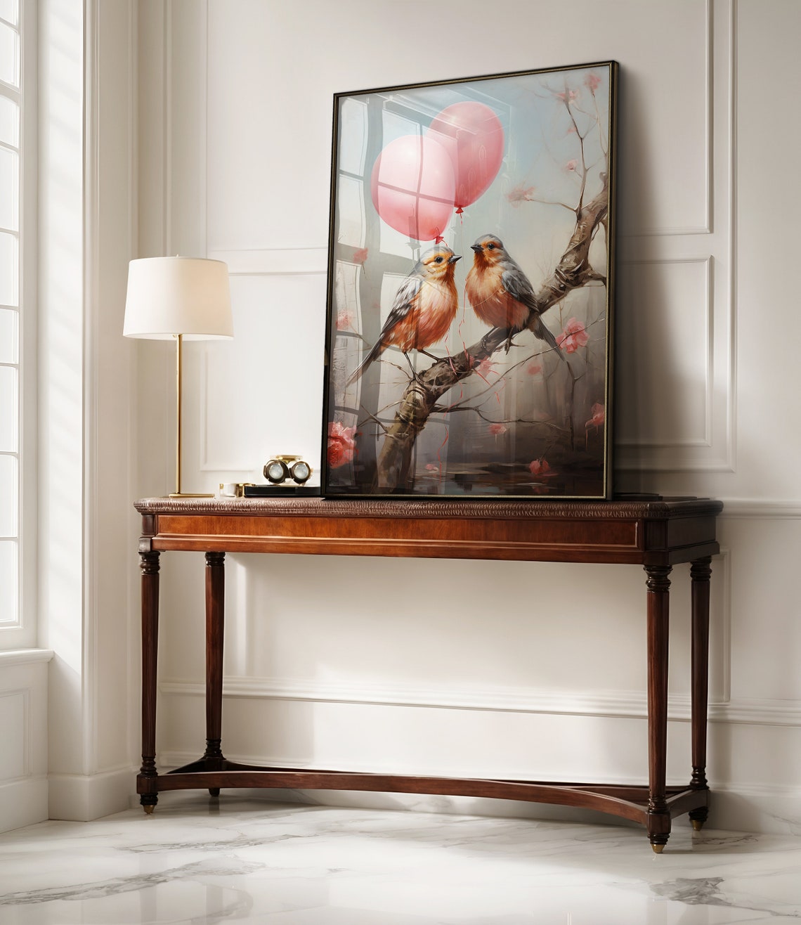 Two Lovebirds With Pink Balloons Branch Vintage Valentine Print - Image 3