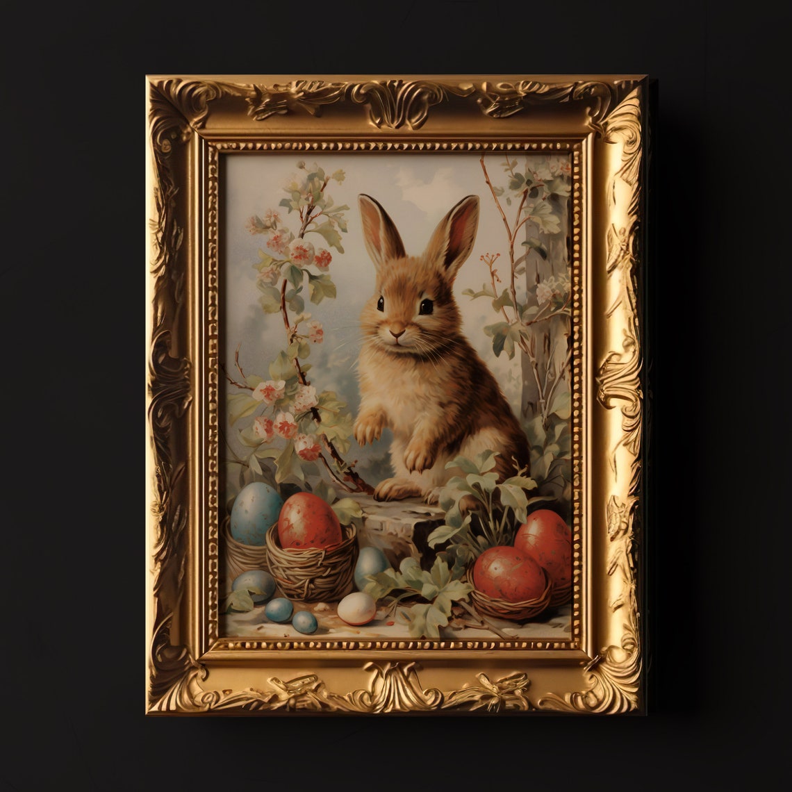 Easter Bunny Rabbit With Painted Eggs And Spring Blossoms Poster