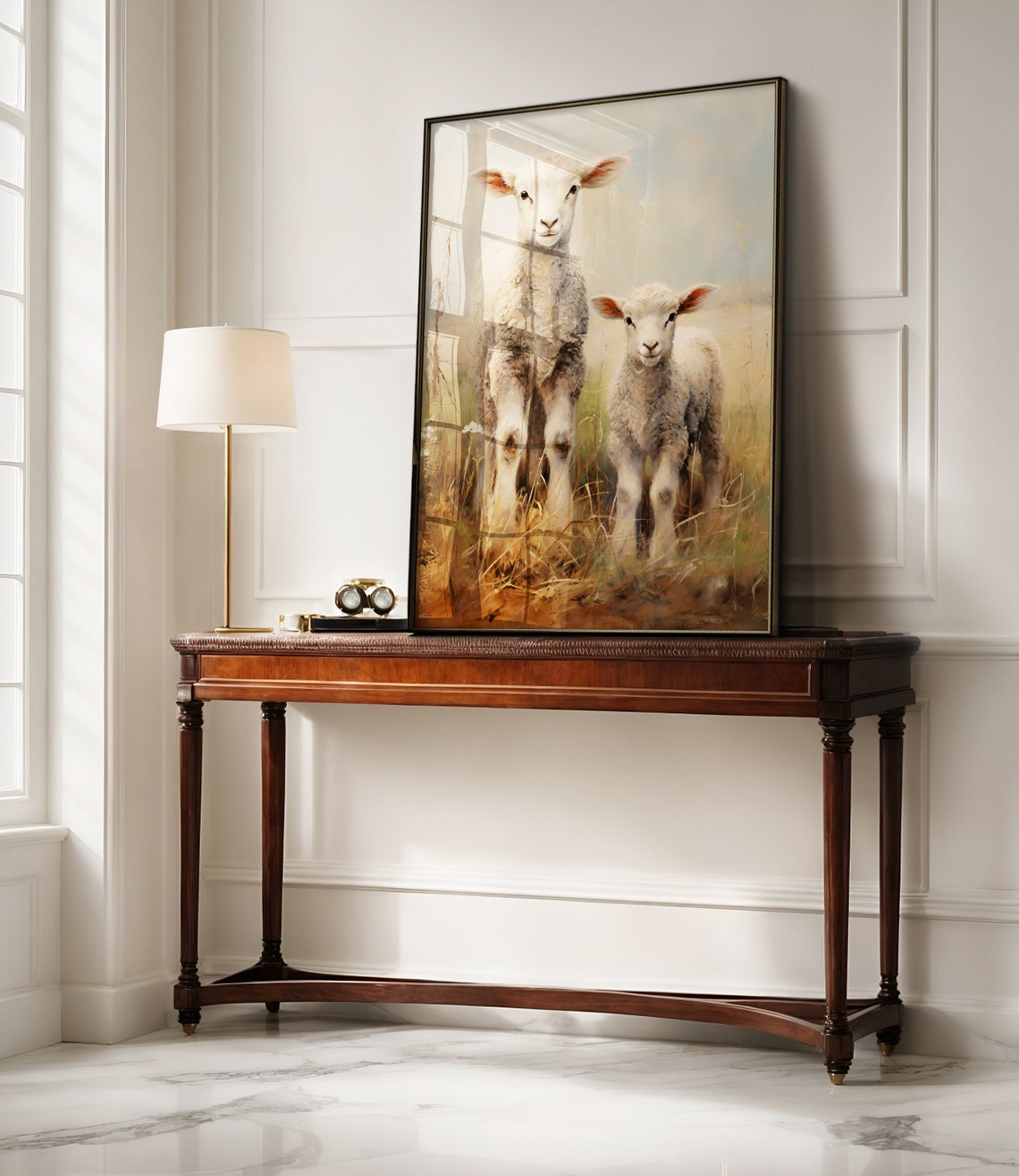 Two Lambs Standing In Golden Field Vintage Easter Animal Pair Print - Image 3