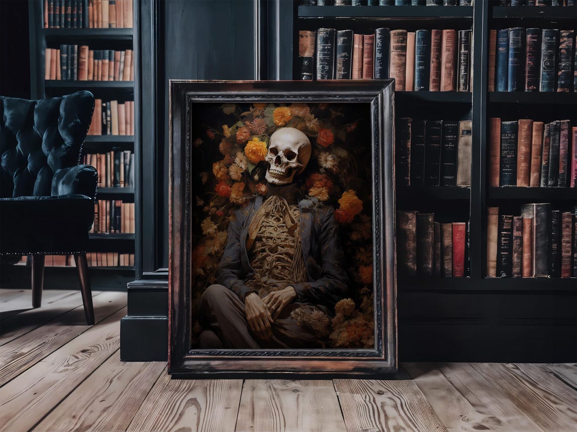 Floral Skeleton Portrait Halloween Goth Victorian Dark Academia Print - Image 3