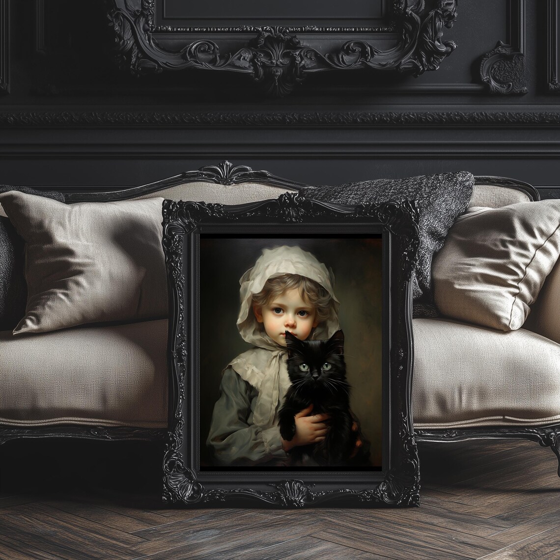 Victorian Girl Holding Black Cat Moody Portrait Gothic Painting Print - Image 3