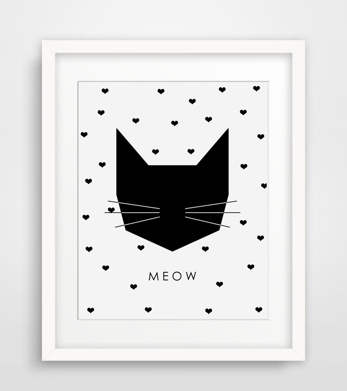 Black Geometric Cat Face Meow Hearts Minimalist Nursery Wall Art Print
