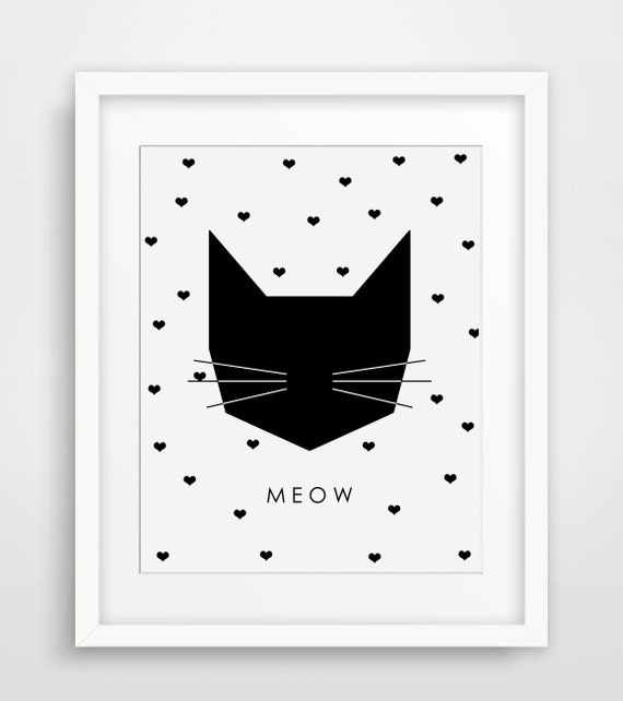 Meow Poster Kitty Print Geometric Art Modern Home Decor Nursery Print Art Heart Print Cat Print Cat Love Nursery Rt