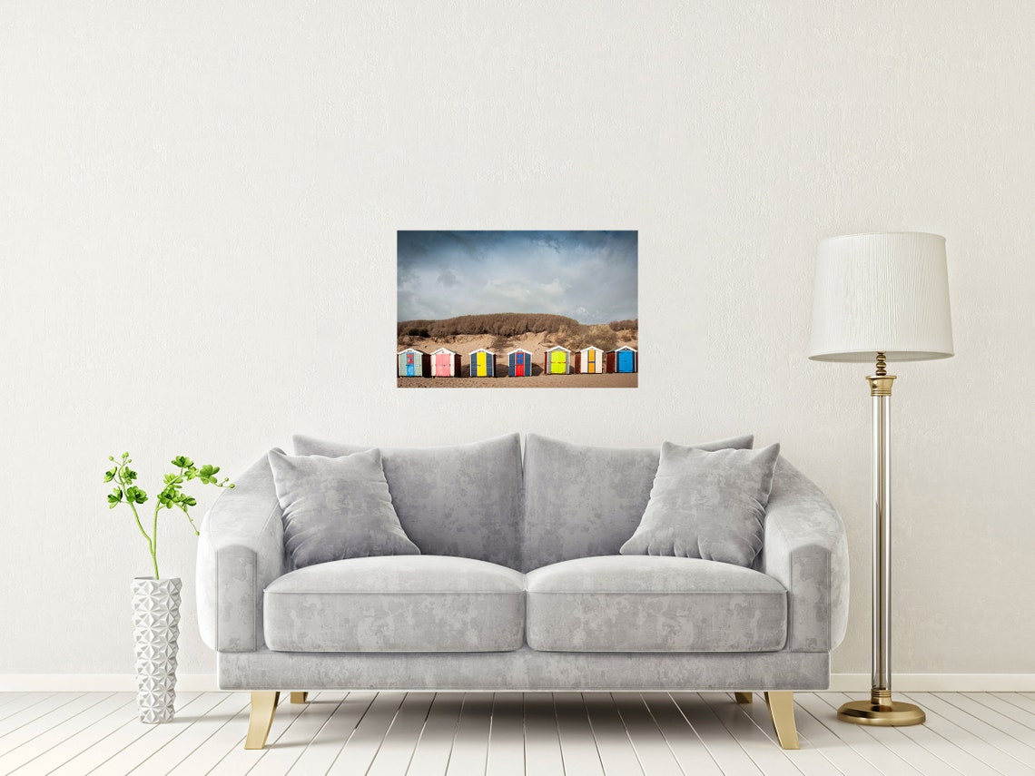 Saunton Sands Devon Colorful Beach Huts Dunes Dramatic Sky Poster - Image 2
