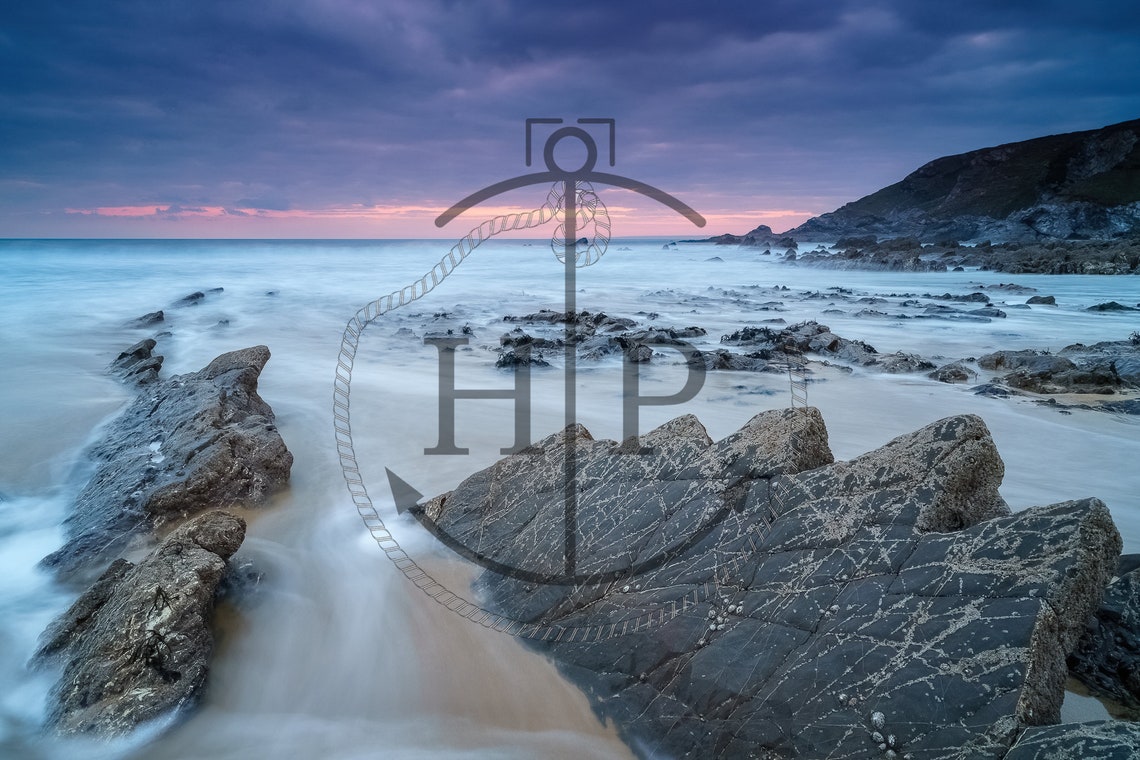 Dollar Cove Cornwall Rocky Beach At Dusk Long Exposure Poster - Image 3
