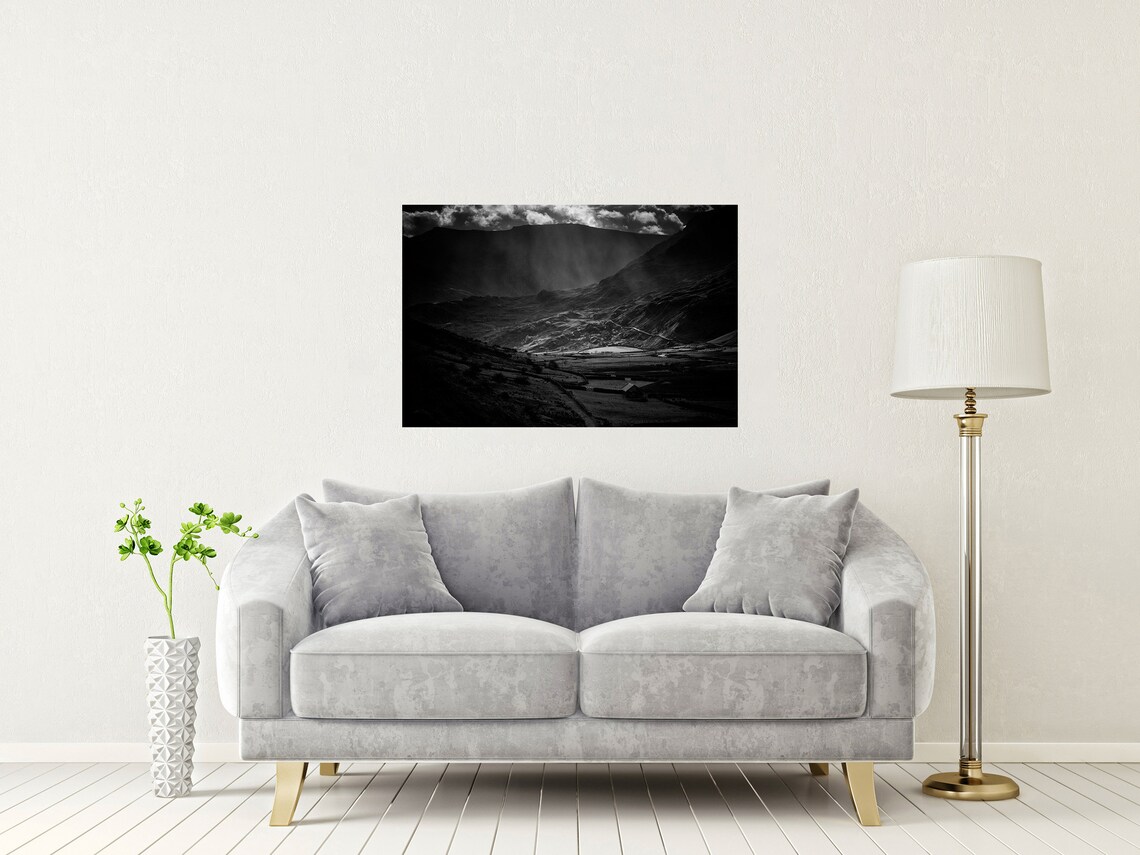 Snowdonia Eryri Rain Valley Black And White Mountain Storm Poster - Image 2