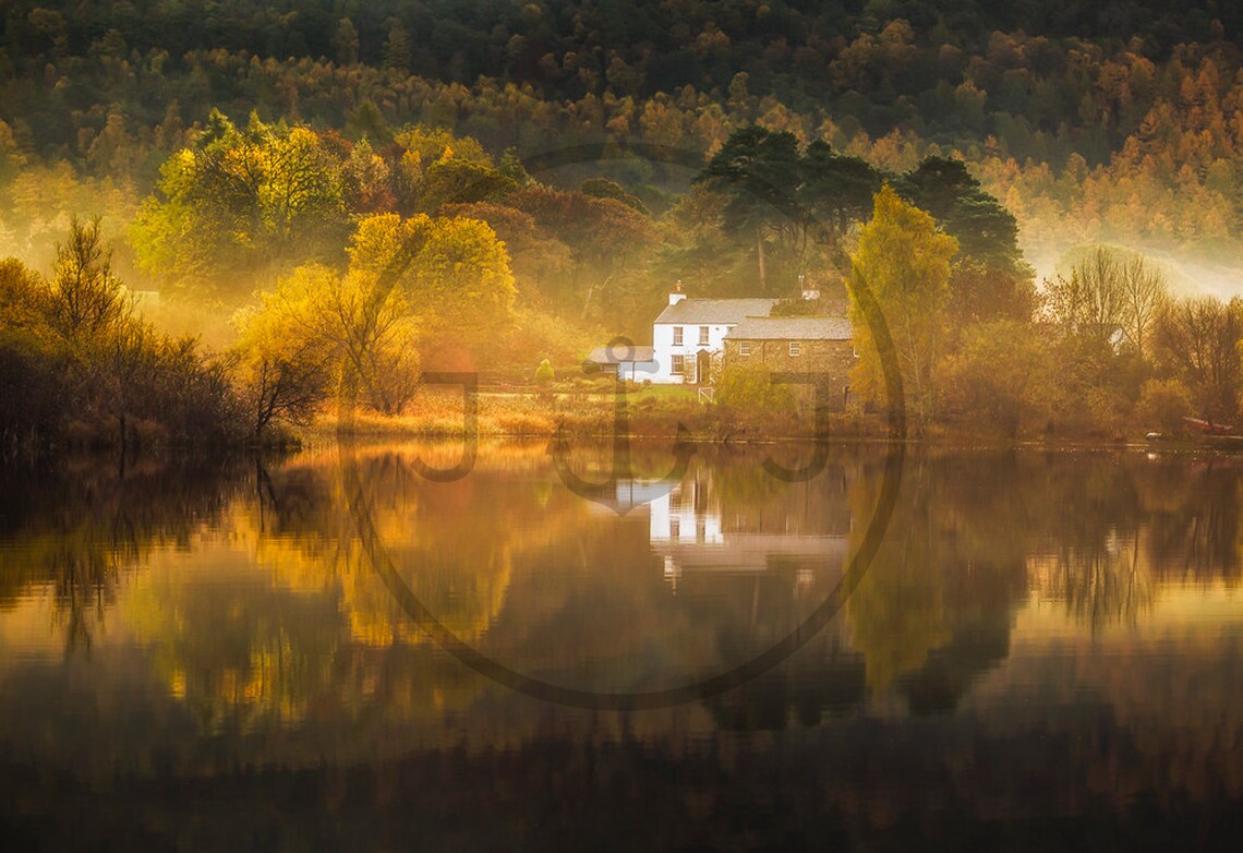 Lake District Misty Morning Cottage with Lake Reflection Poster - Image 3