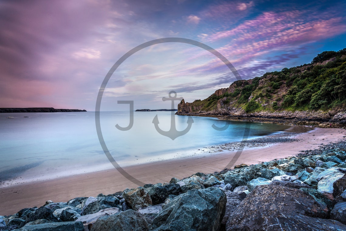 Lydstep Beach Tenby Wales Pink Sky Rocky Shore Seascape Print - Image 3