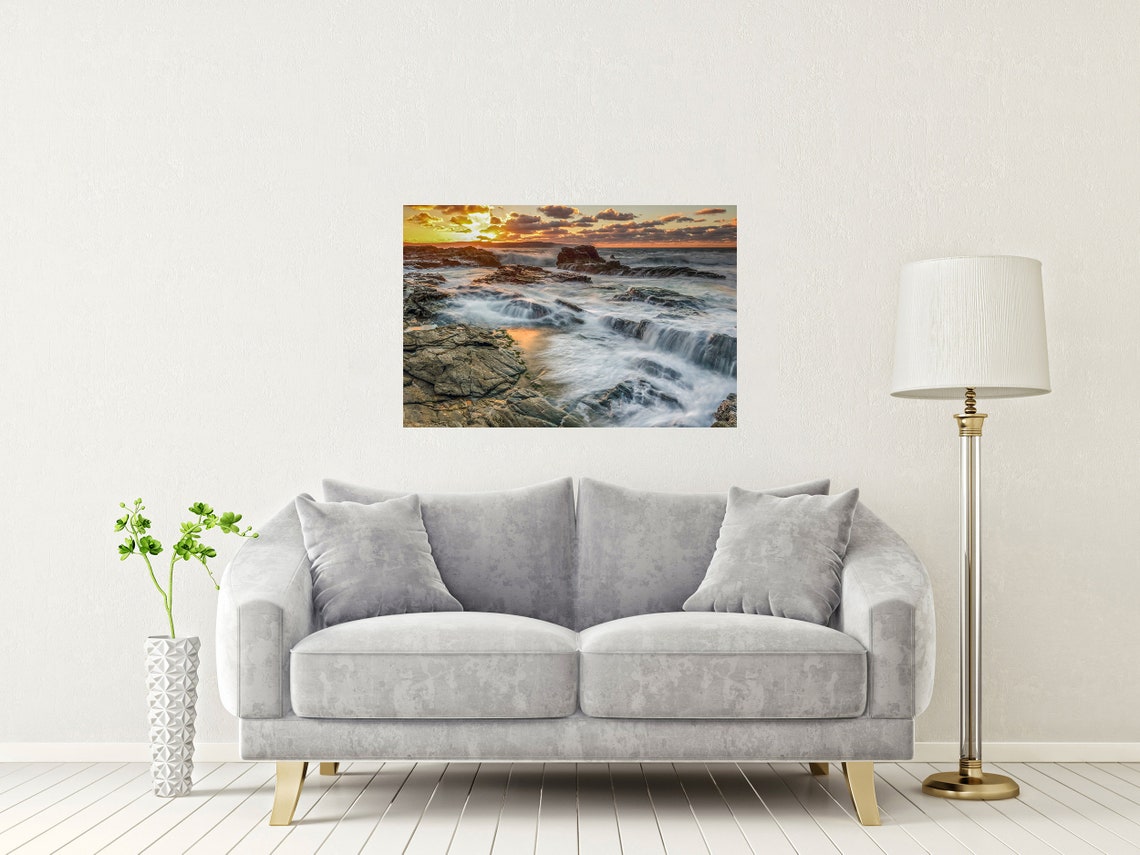 Gwithian Coast Cornwall Sunset Waves Rocky Shore Golden Poster - Image 2