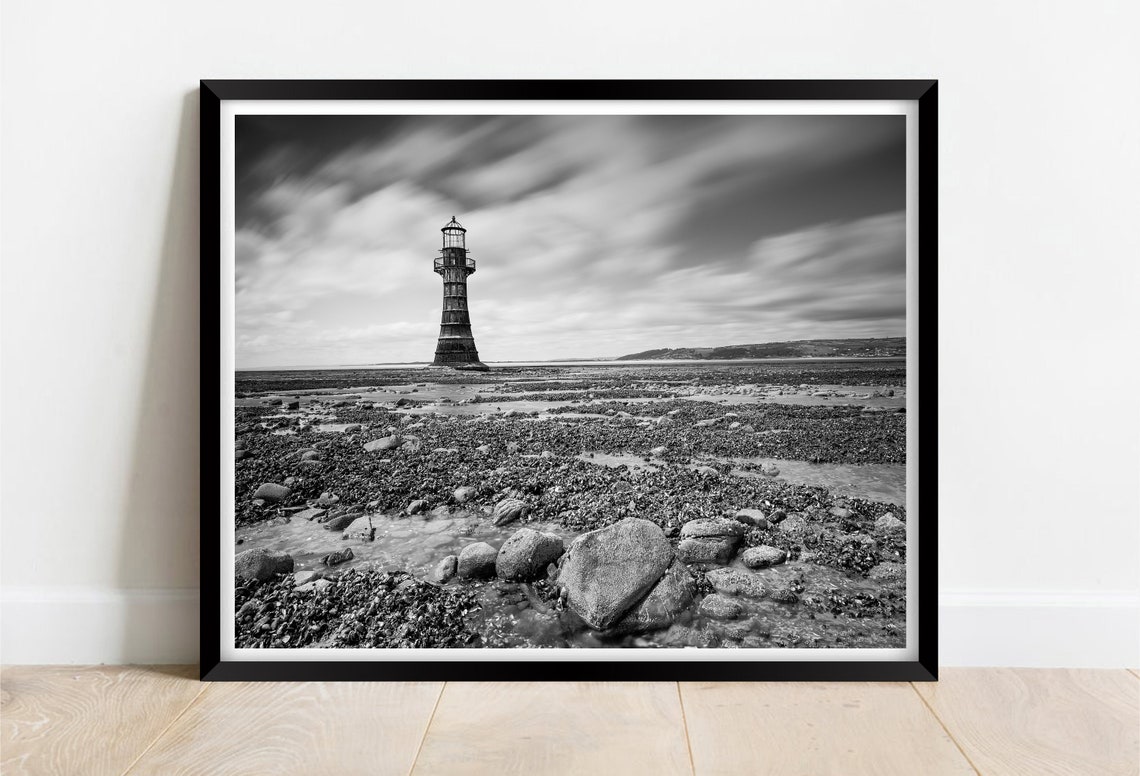 Whiteford Point Lighthouse Black And White Long Exposure Wales Poster