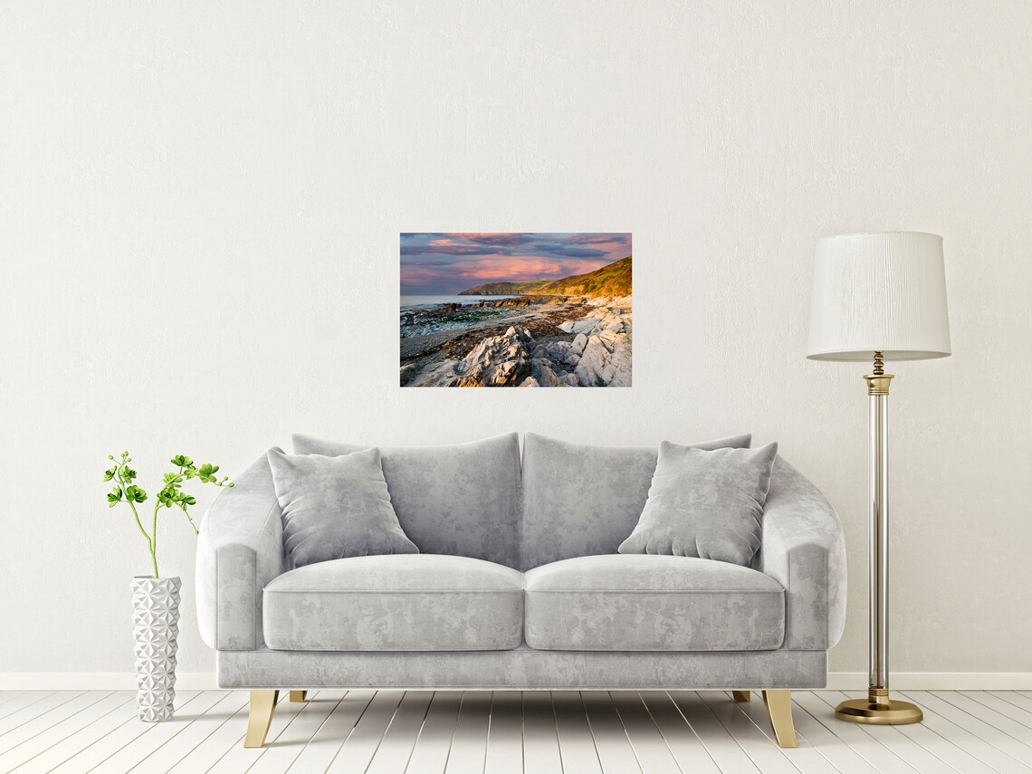 Portnadler Bay Cornwall Sunset Rocky Shore Pink Sky Seascape Poster - Image 2