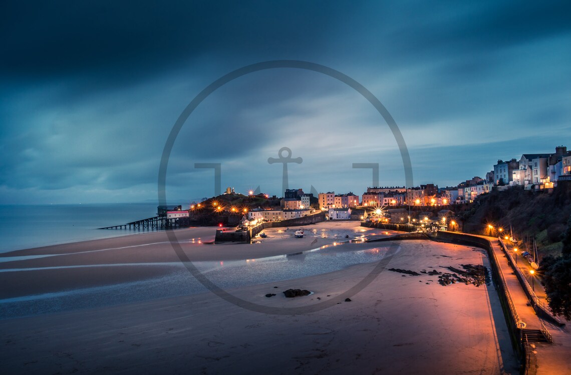 Tenby North Beach Wales Dusk Town Lights Harbour Evening Poster - Image 3