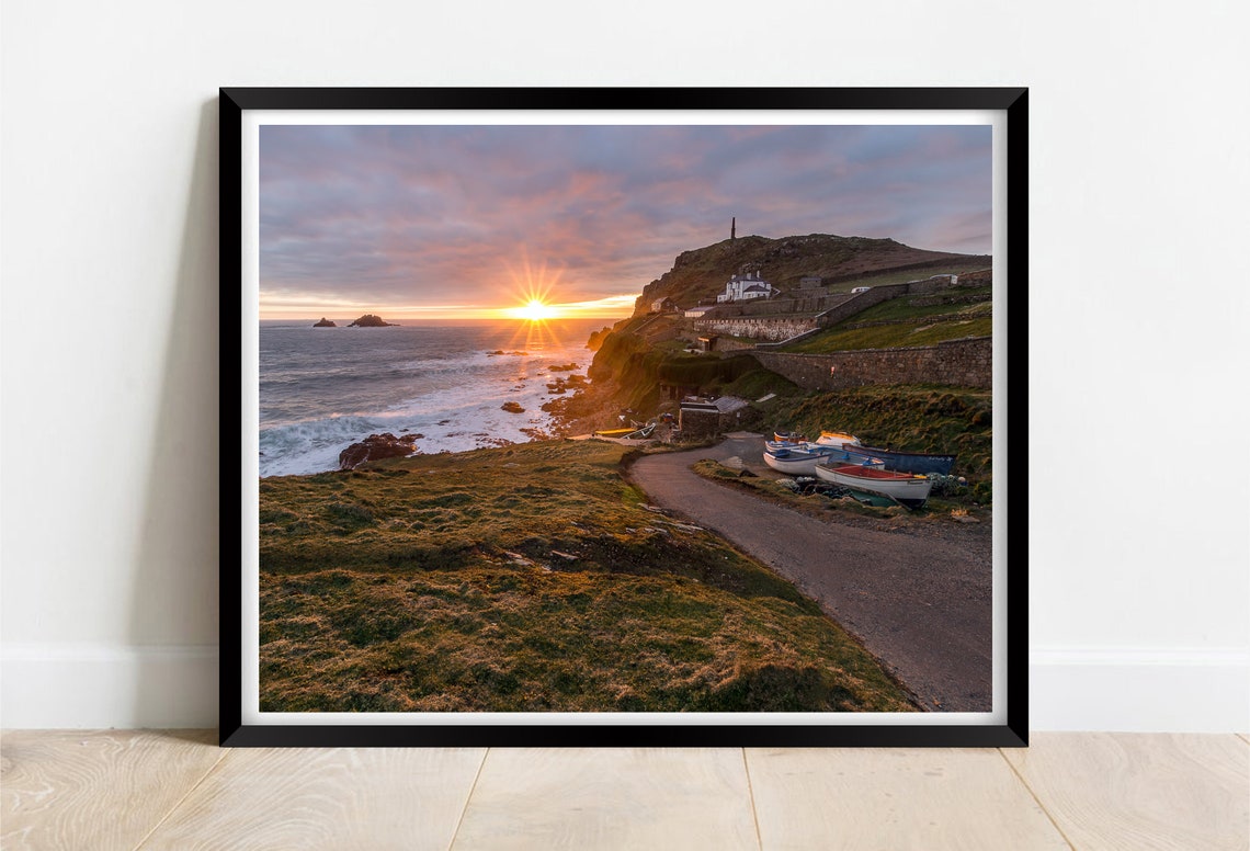 Cape Cornwall Sunset Boats Cottages Rocky Headland Mine Chimney Poster
