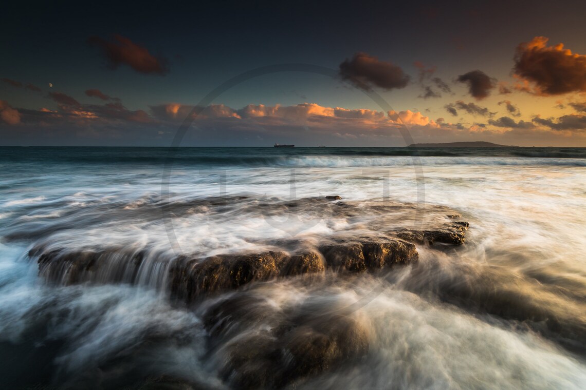 Osmington Bay Waves Over Rocky Shore At Sunset Dorset Poster - Image 3