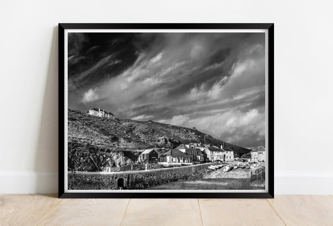 Mullion Cove Cornwall Harbour In Dramatic Black And White Poster