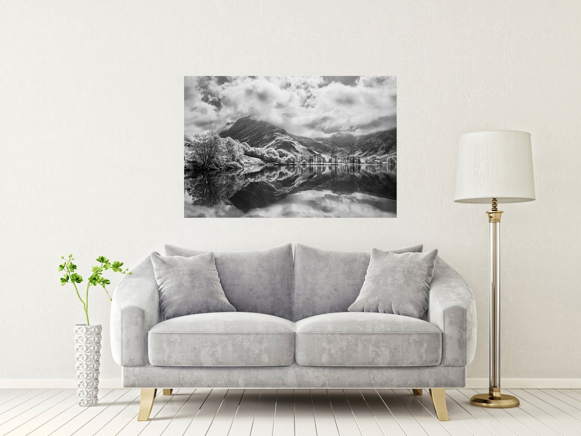 Buttermere Lake District Black And White Mountain Reflection Poster - Image 2