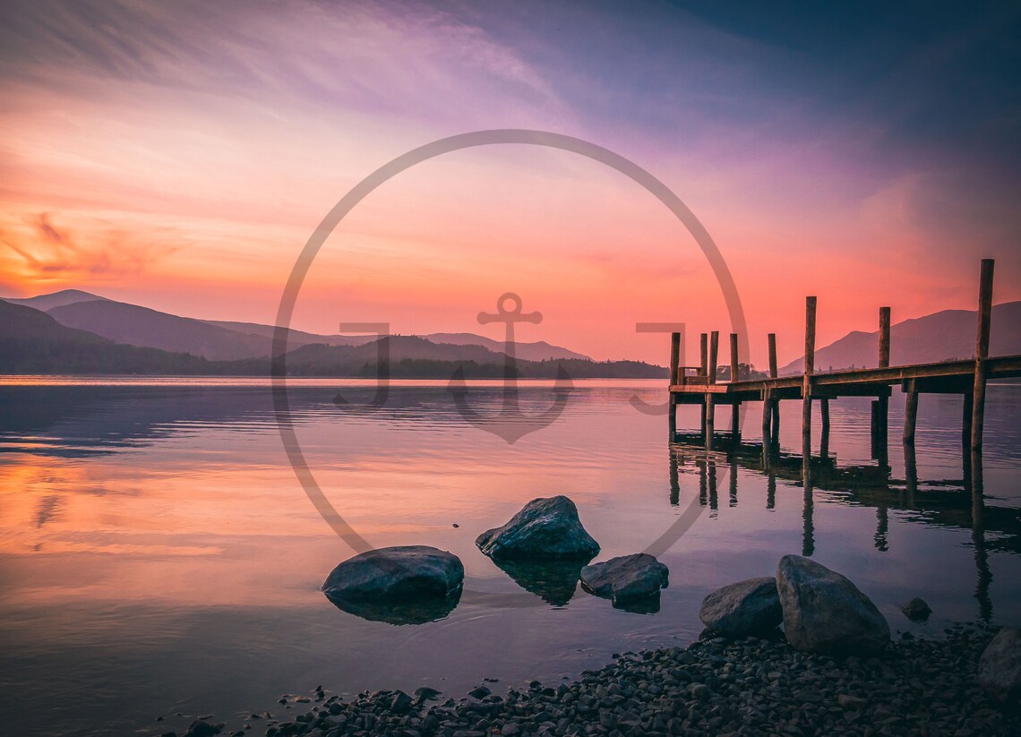 Derwentwater Lake District Sunset Wooden Jetty Boulders Poster - Image 3