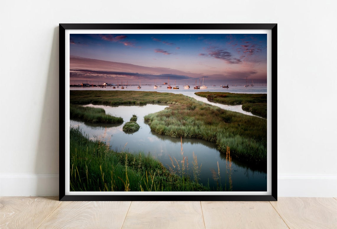 Slaughden Suffolk Sunset Saltmarsh Creeks Moored Boats Poster