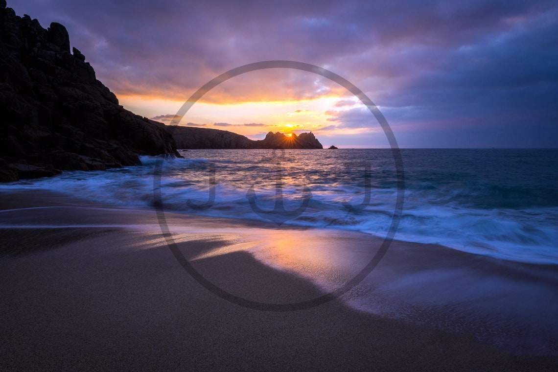 Porthcurno Beach Sunset Waves Silhouetted Cliffs Purple Sky Poster - Image 3