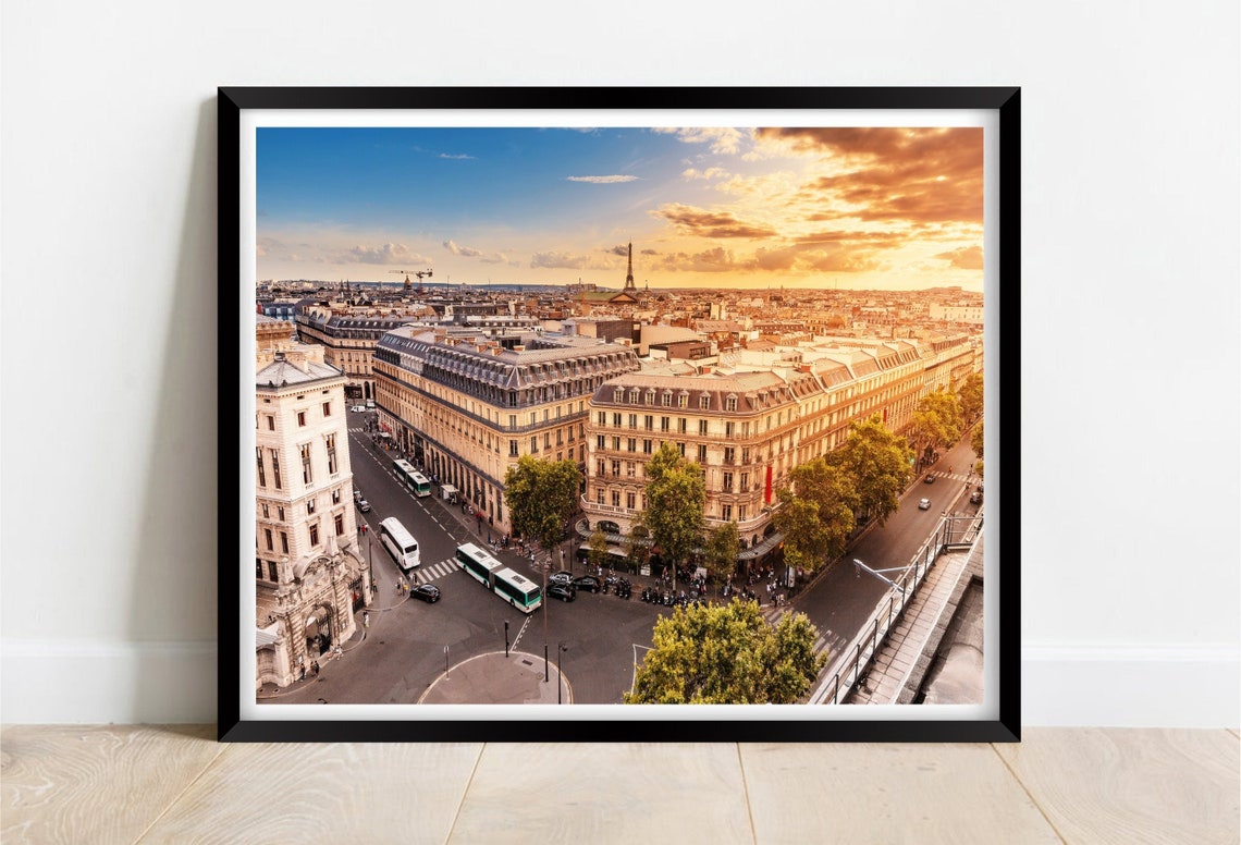 Paris France Sunset Rooftops Eiffel Tower Skyline Photo Poster