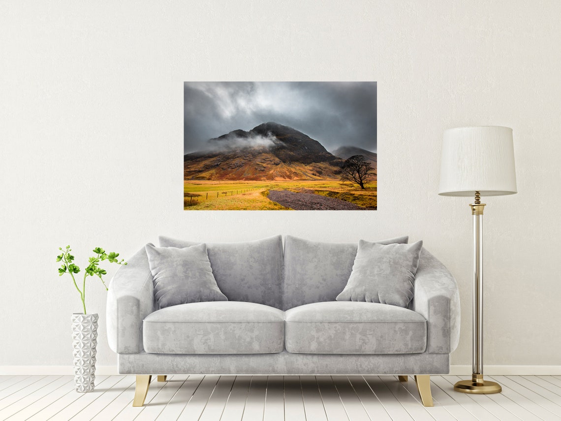 Glencoe Scotland Misty Mountain Over Golden Moor And Lone Tree Poster - Image 2
