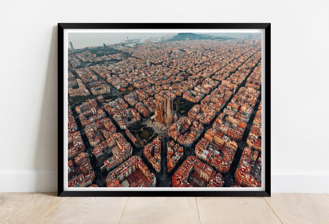 Barcelona Spain Golden Aerial Eixample Sagrada Familia City Poster