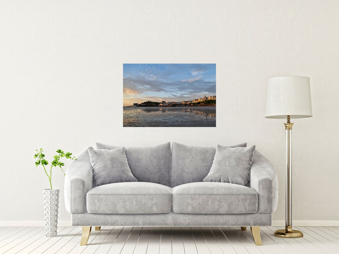 Tenby Beach Sunset Reflections Of Colourful Town Wales Poster - Image 2
