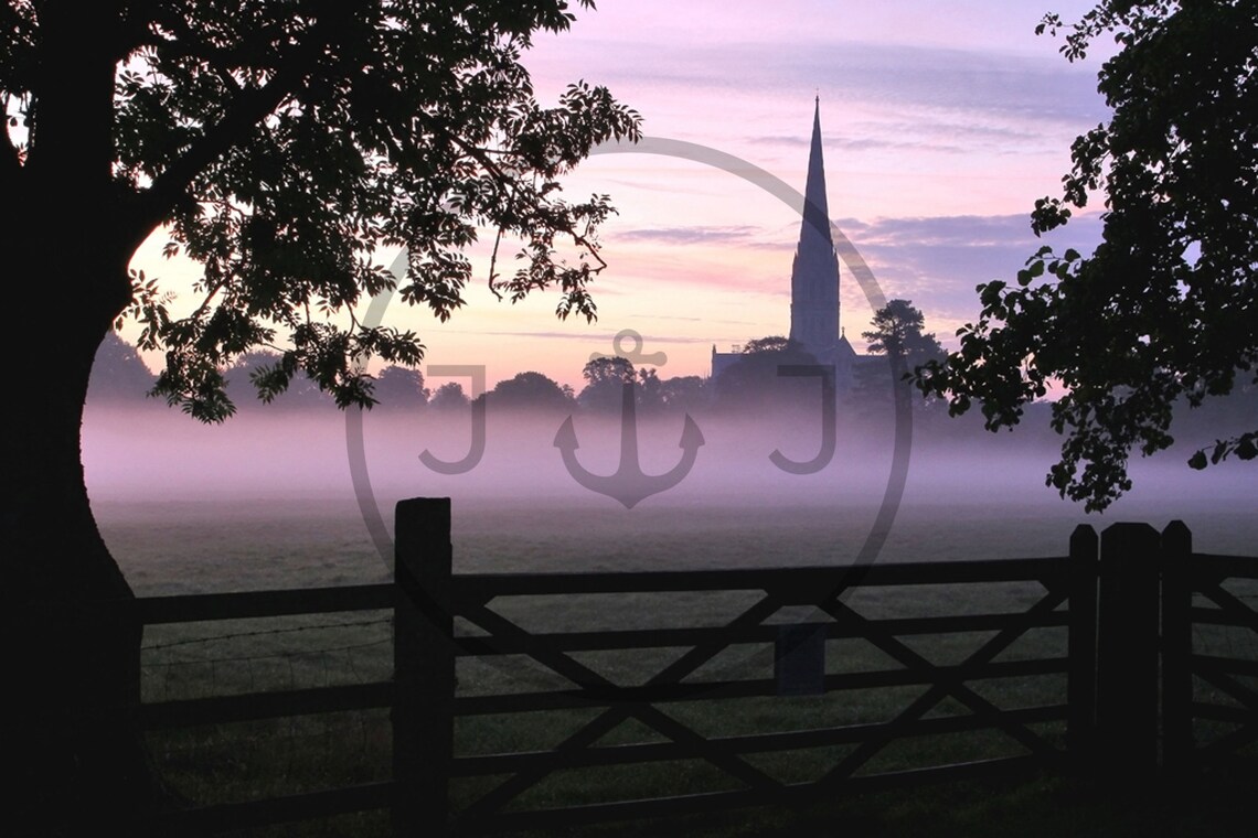 Salisbury Cathedral Misty Sunrise Art Print - Image 3