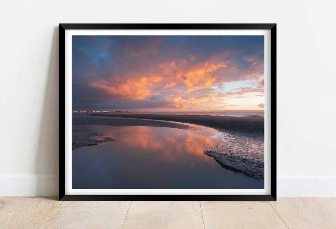Fiery Sunset Reflected in a Still Tidal Pool on the Beach Poster