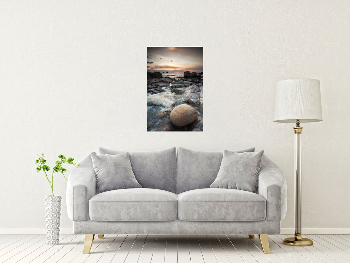 Porth Nanven Cornwall Granite Boulders Atlantic Sunset Poster - Image 2