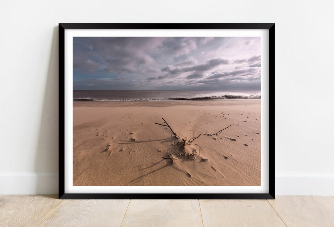 Minimalist Driftwood on an Empty Beach Under a Vast Cloudy Sky Poster