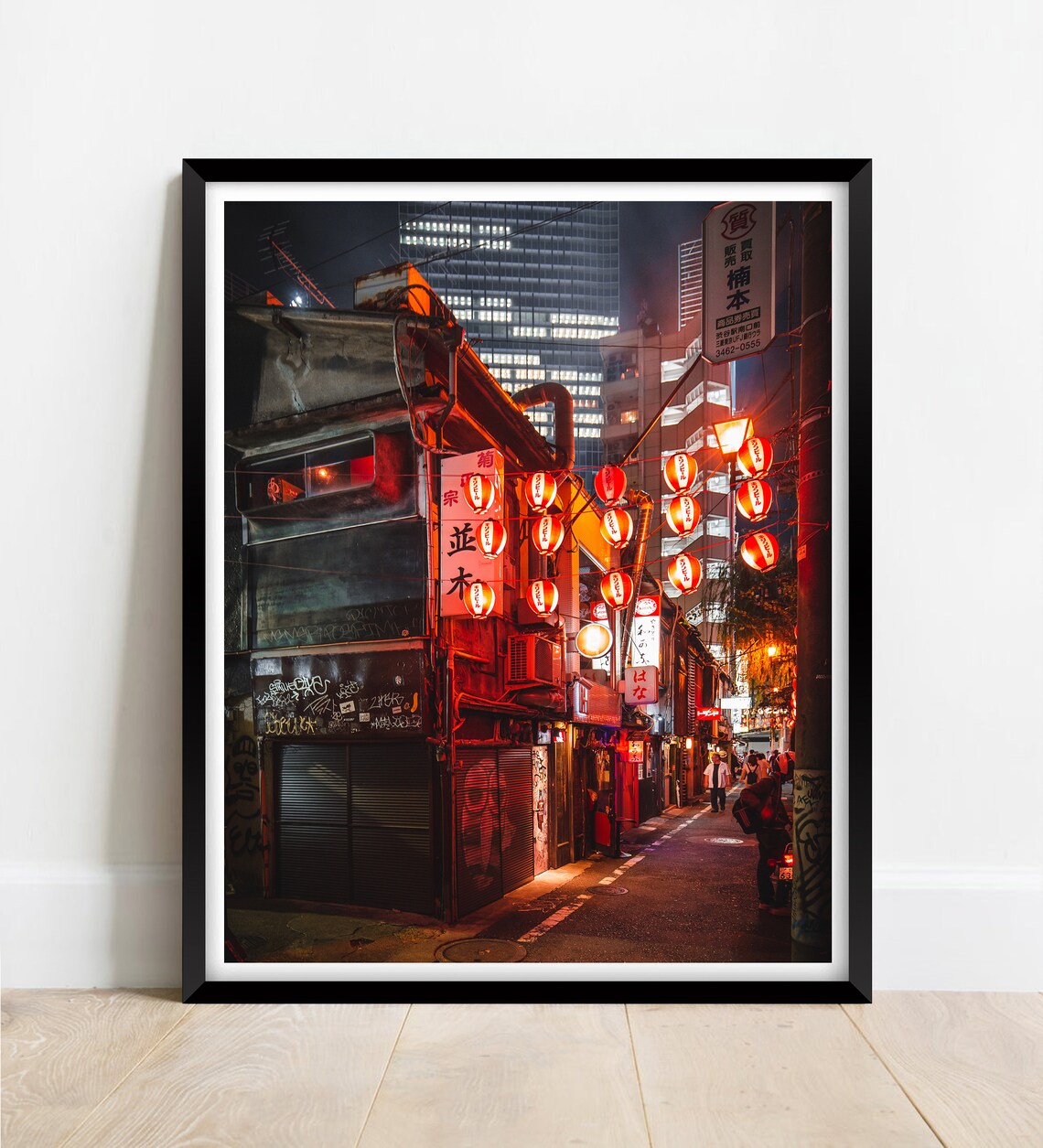 Tokyo Back Street At Night With Red Lanterns And Neon Signs Poster