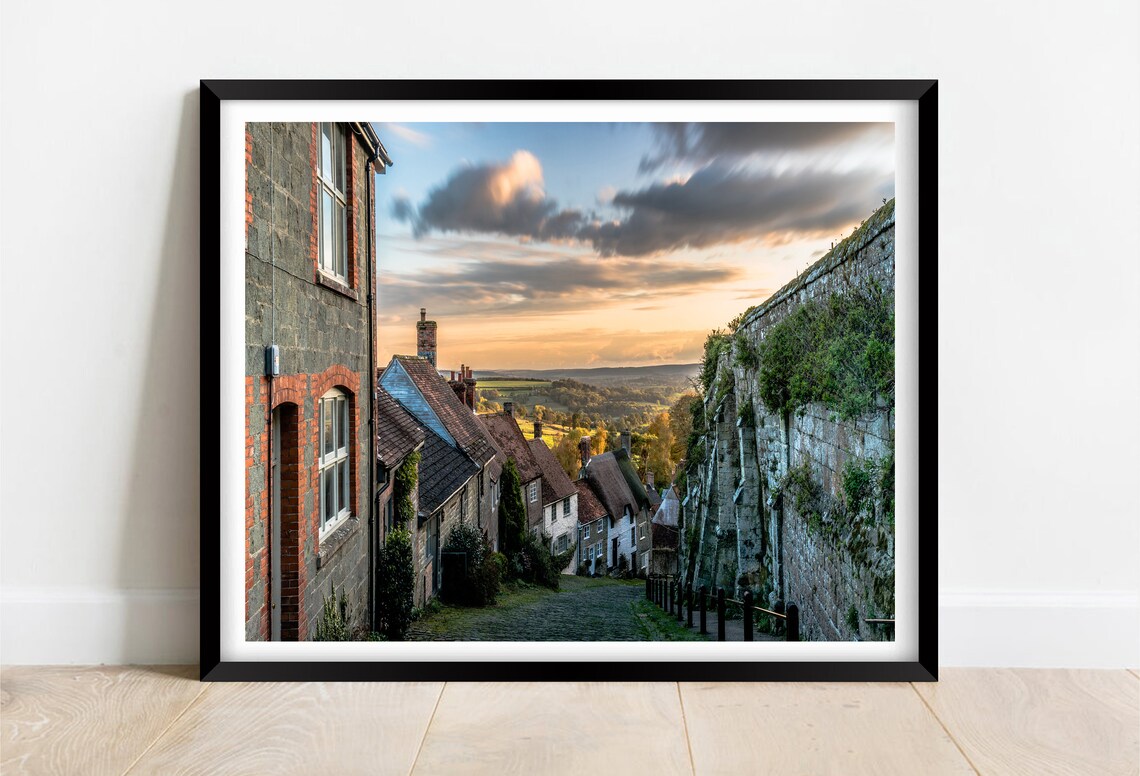 Gold Hill Shaftesbury Dorset Cobbled Street Sunset View Poster