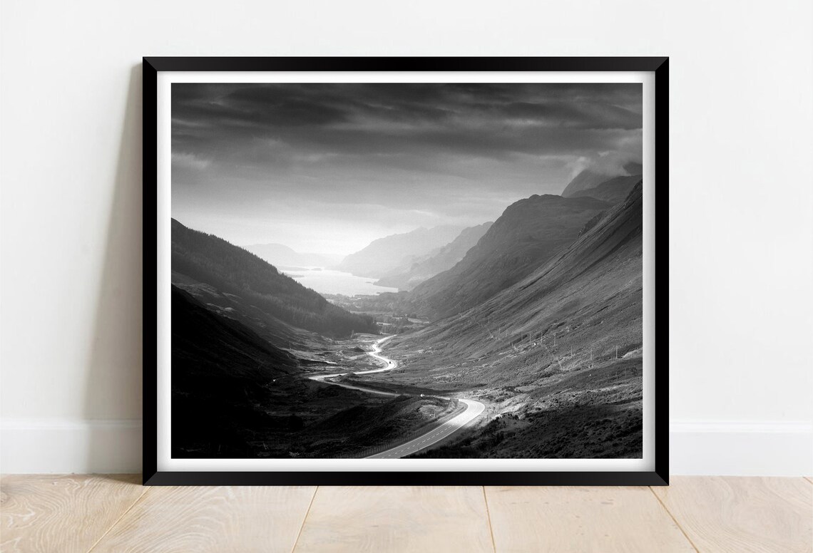 Glen Docherty Scotland Black and White Glen Road Valley Poster