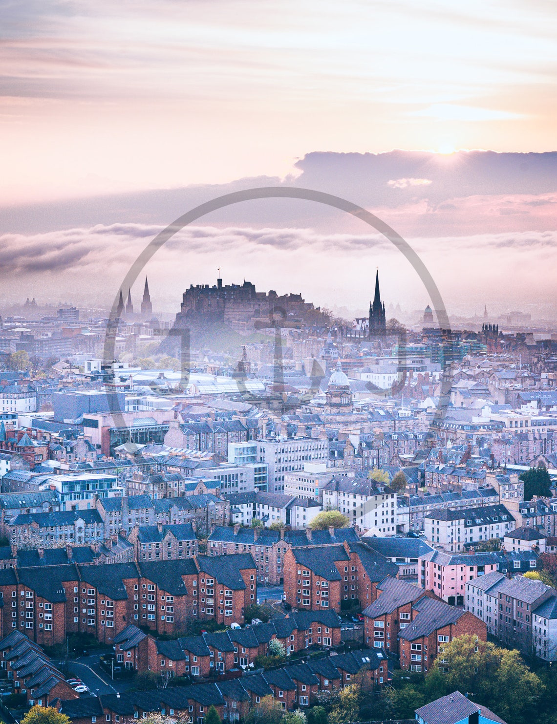 Edinburgh Castle Scotland Sunset Skyline Misty Aerial Poster - Image 3