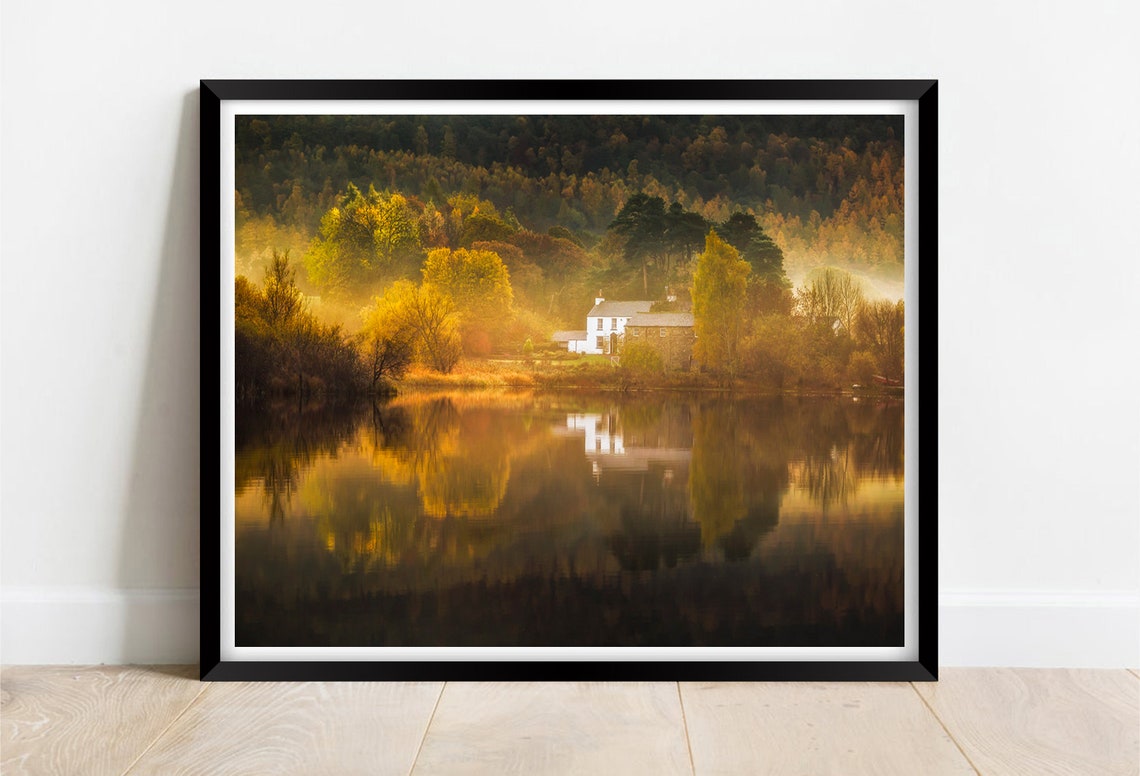 Lake District Misty Morning Cottage with Lake Reflection Poster