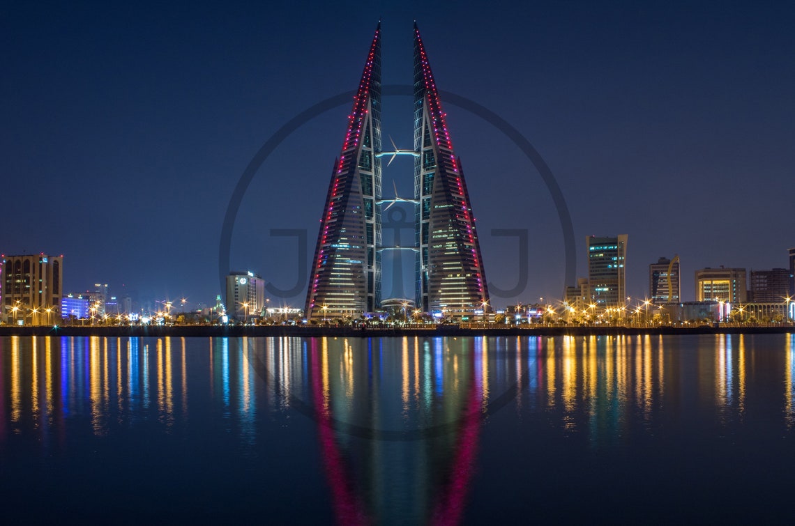 Bahrain World Trade Centre Manama Twin Towers Night Glow Poster - Image 3