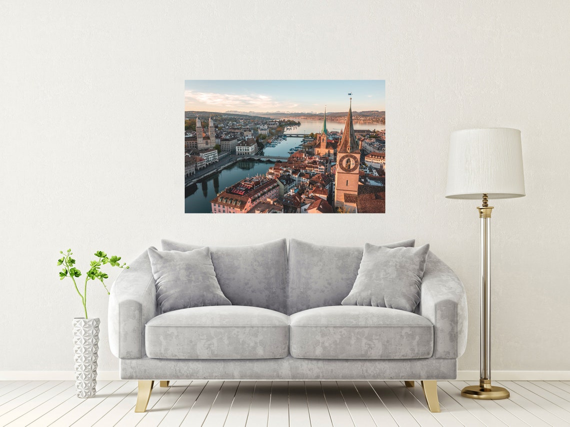 Zurich Old Town Churches And Lake At Sunset Aerial View Poster - Image 2