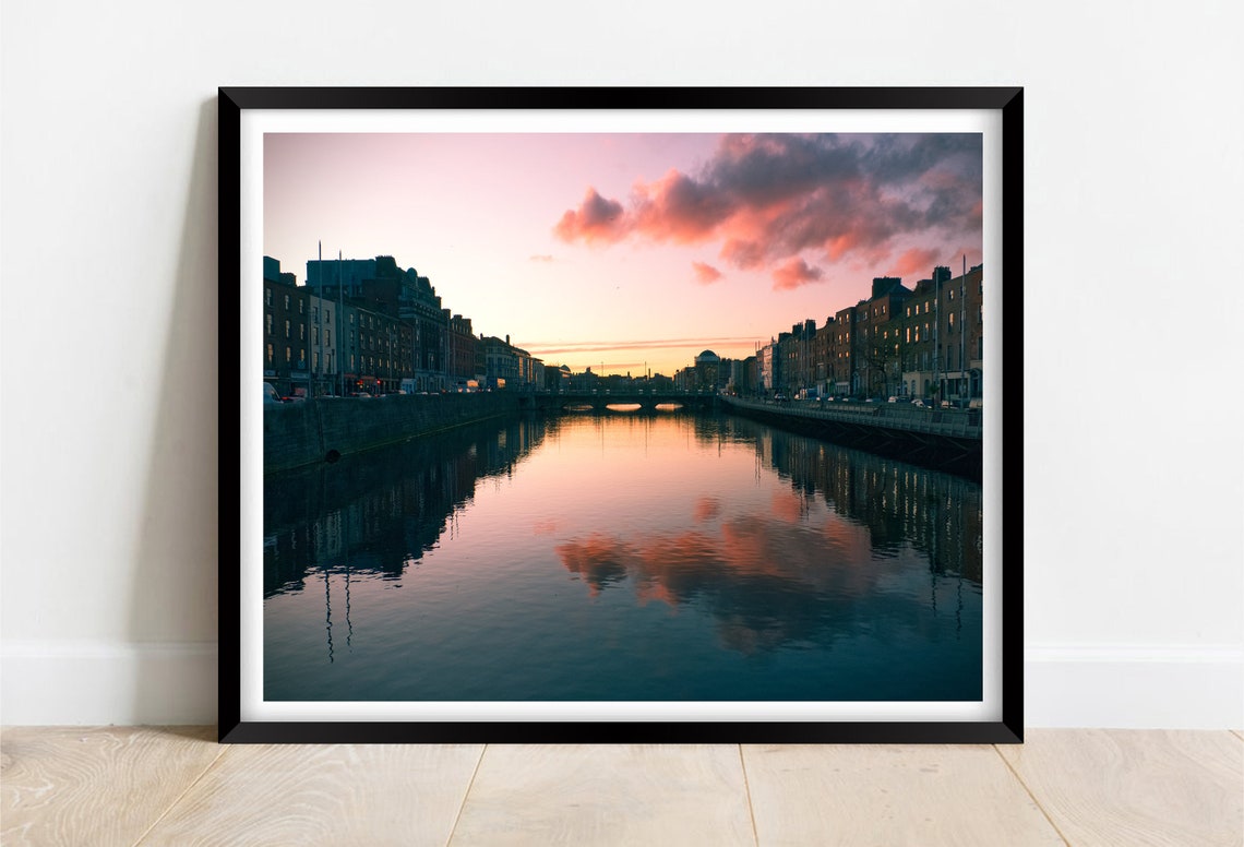 Sunset Over the River Liffey With Glowing Reflections in Dublin Poster