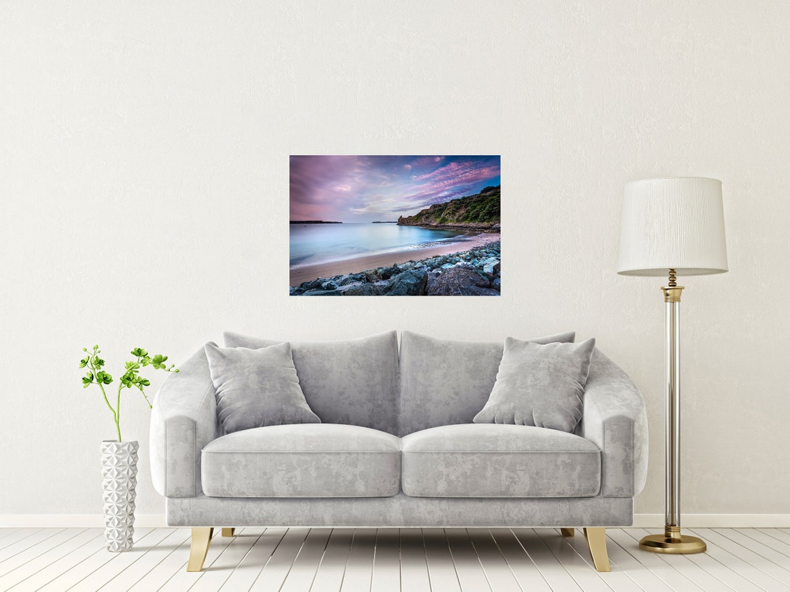 Lydstep Beach Tenby Wales Pink Sky Rocky Shore Seascape Print - Image 2
