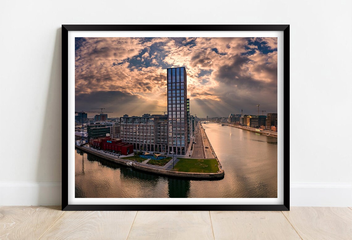 Dublin Docklands Ireland Modern Tower At Sunset Over The Liffey Poster