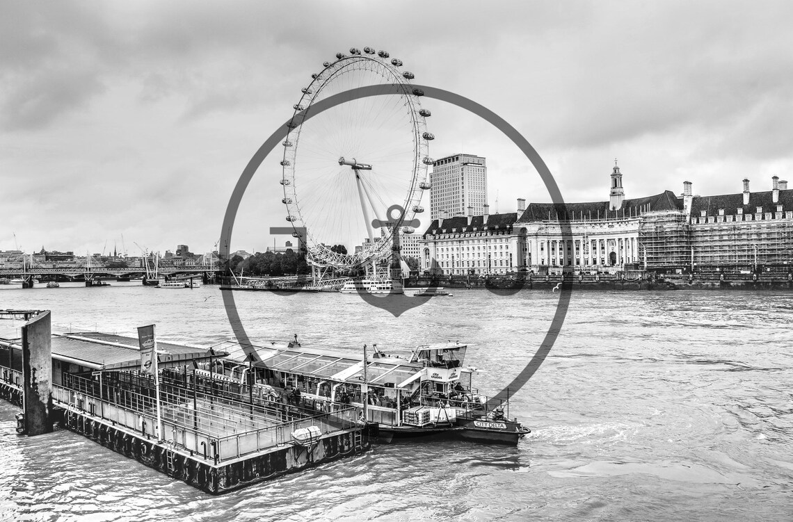 London Eye Wheel River Thames Black and White Skyline Poster - Image 3