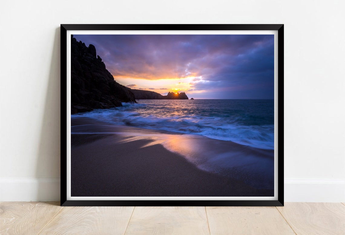 Porthcurno Beach Sunset Waves Silhouetted Cliffs Purple Sky Poster