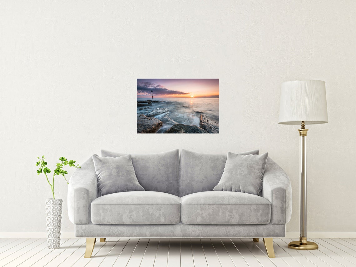 Tywyn Beach Sunset Over Rocky Shore And Calm Sea Wales Poster - Image 2