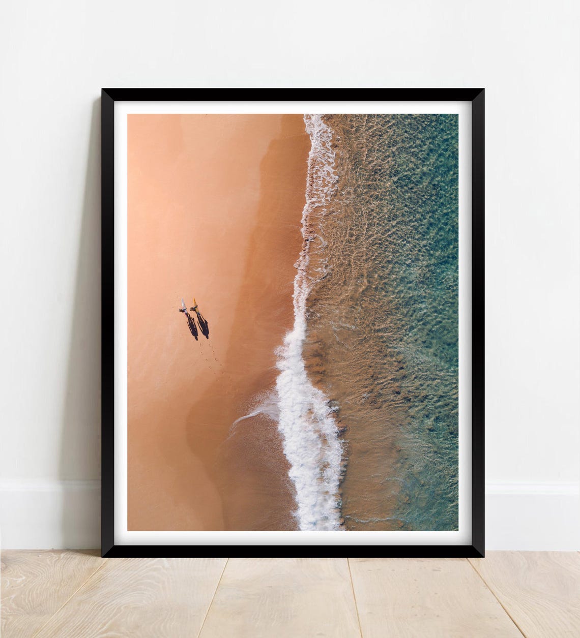 Surfers Walking to Waves Aerial Beach Golden Sand Drone Poster