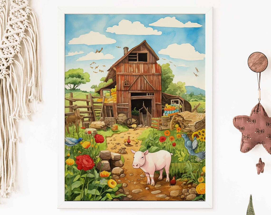 Red Barn Farm Scene With Pink Pig Watercolor Storybook Poster
