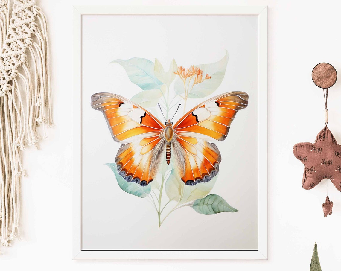 Bright Orange Watercolor Butterfly Botanical Poster for a Nursery